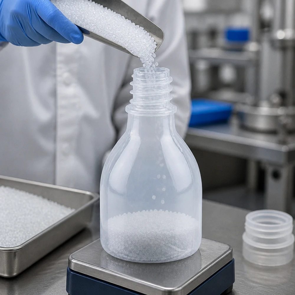Butelka laboratoryjna 20 ml z wąską szyjką bez zakrętki Butelka laboratoryjna o pojemności 20 ml z wąską szyjką, bez nakrętki, na wadze precyzyjnej podczas odważania granulatu