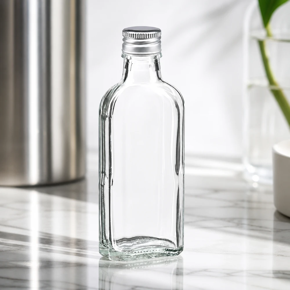 100 ml Meplat przezroczysty z aluminiowym kapslem srebrny PP22 Przezroczysta szklana butelka Meplat o pojemności 100 ml ze srebrną aluminiową nakrętką PP22 na tle marmuru