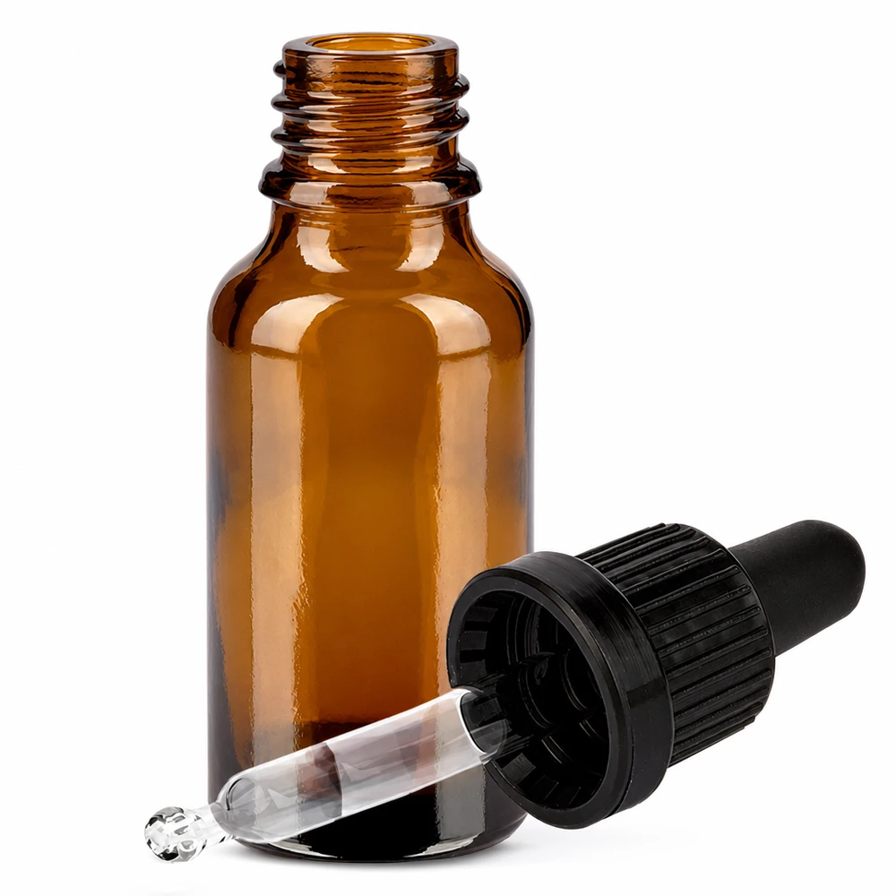 Butelka do leków płynnych 20 ml, czarna OV BrownLine UT18/20 Szklana butelka 20 ml w kolorze bursztynowym z pipetą i czarną zakrętką do precyzyjnego dozowania