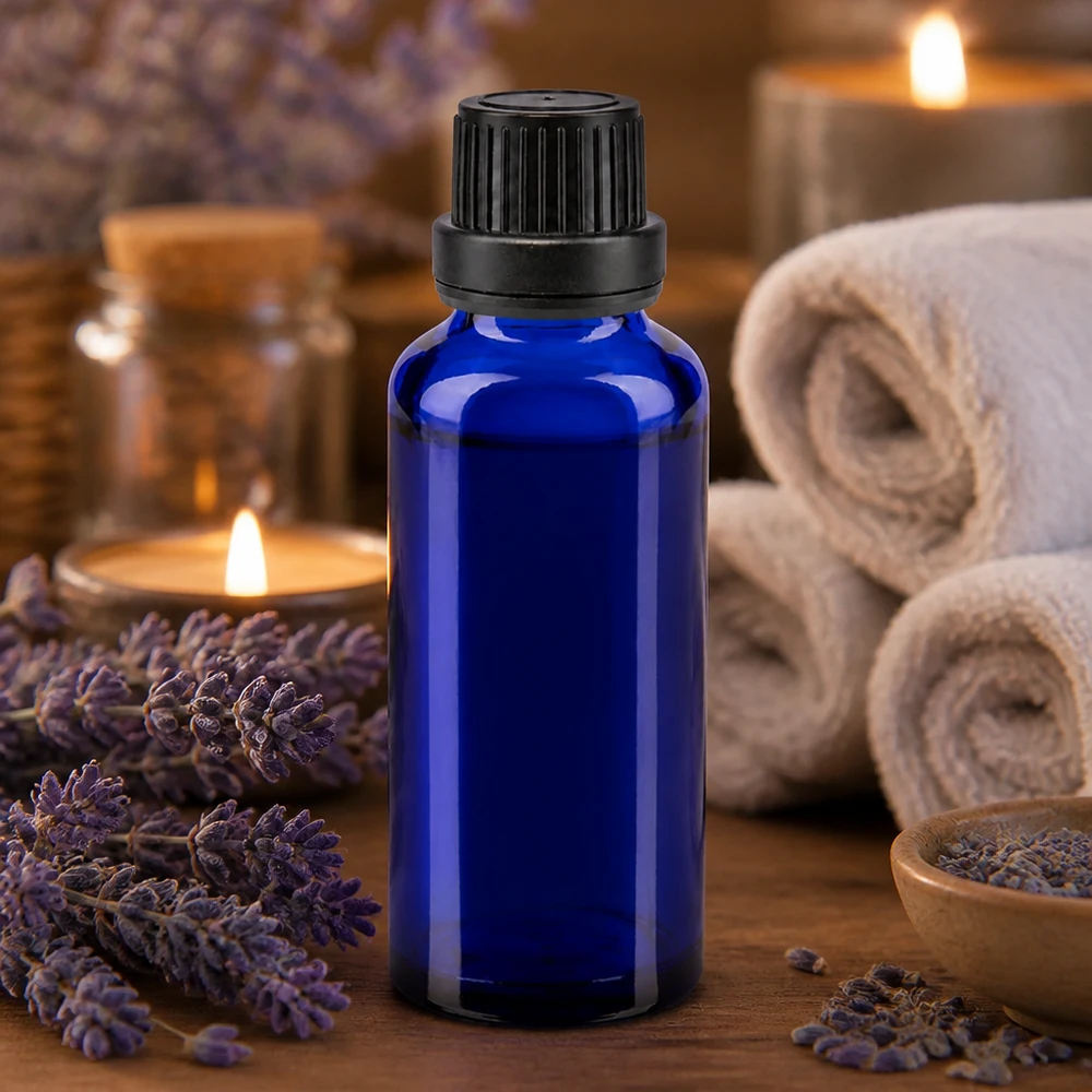 Niebieska szklana buteleczka o pojemności 30 ml z zakraplaczem, przeznaczona do olejku lawendowego i zastosowań aromaterapeutycznych