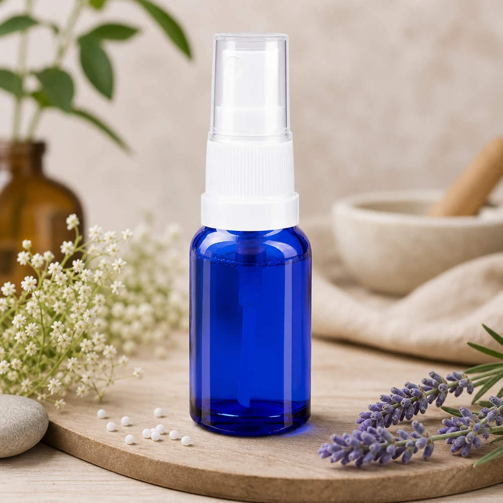 Butelka apteczna niebieska 10ml spray top biały Miniaturowa buteleczka o pojemności 10 ml w kolorze kobaltowym, wykonana ze szkła chroniącego przed promieniowaniem UV, z białą głowicą rozpylającą na drewnianej podstawie