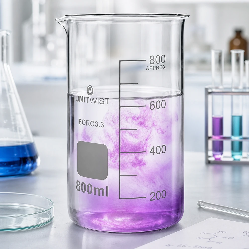 Szklanka o pojemności 800 ml, wysoka, model UNITWIST, z fioletowym płynem w laboratorium; szkło borokrzemowe