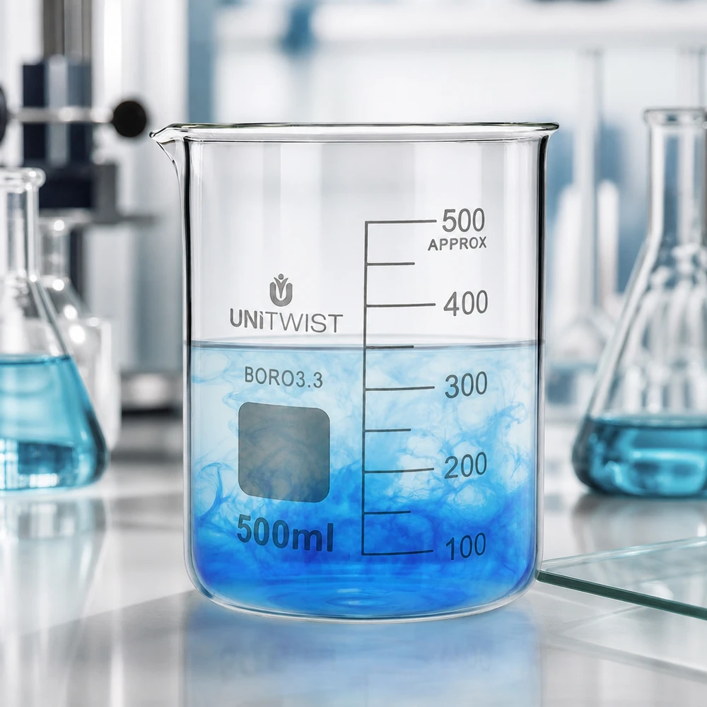 Zlewka 500 ml borokrzemianowa, niski kształt UNiTWIST Szklana zlewka borokrzemianowa o pojemności 500 ml, model UNiTWIST, o niskim profilu, z wygrawerowaną skalą i wylewką
