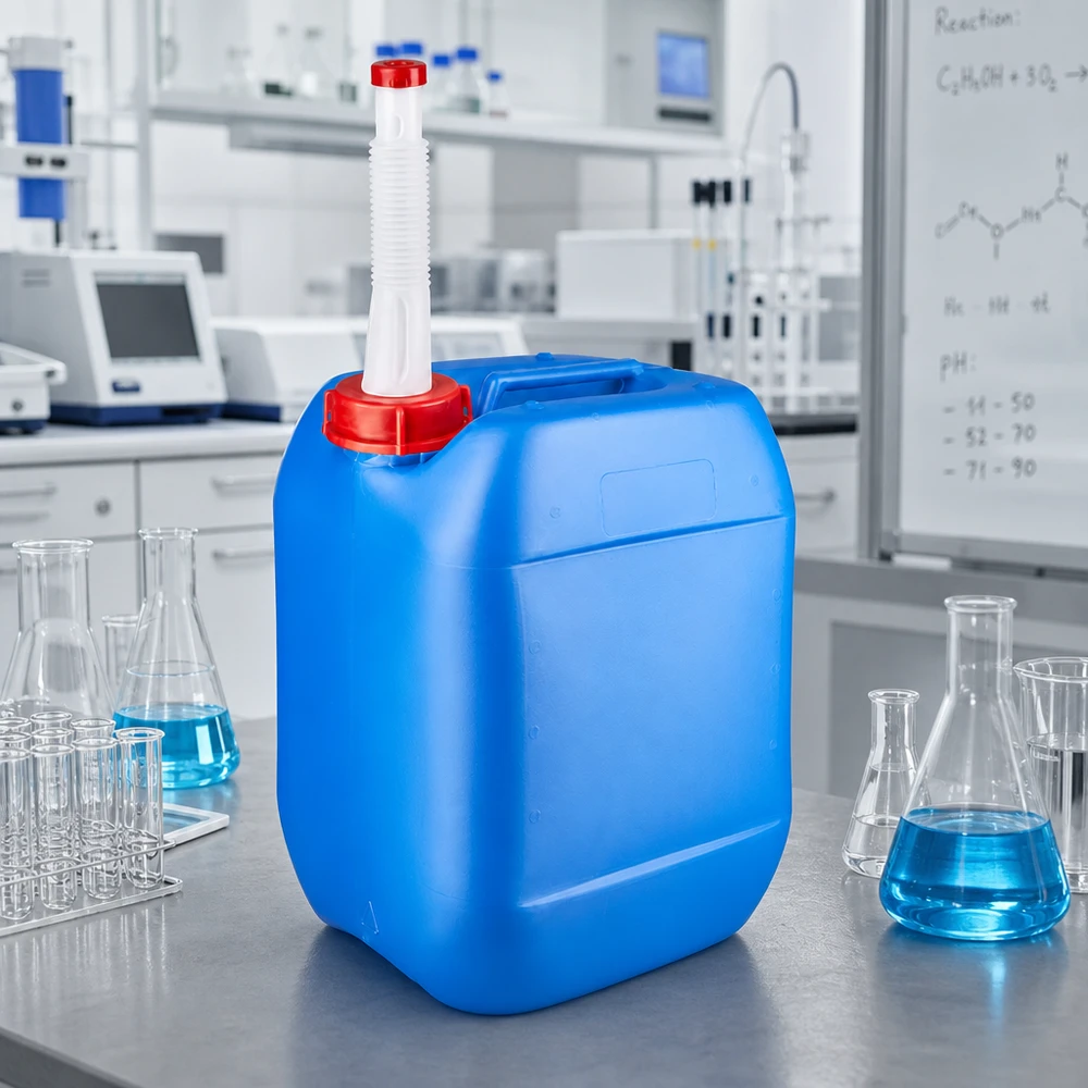 Wytrzymały kanister z HDPE o pojemności 10 l w kolorze niebieskim z białą, elastyczną rurką wylotową, przeznaczony do zastosowań laboratoryjnych