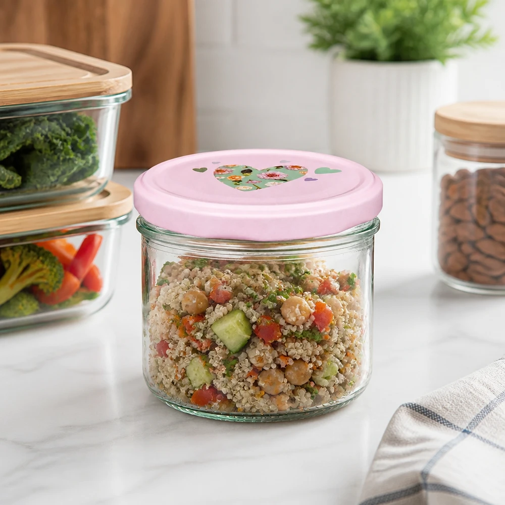 Słoik cylindryczny 230 ml + pokrywka BasicSeal w kształcie serca, różowa 230ml Zylinderglas mit rosa Herz-Deckel in moderner Küche, ideal für Quinoa-Salat und gesunde Meal-Prep-Gerichte