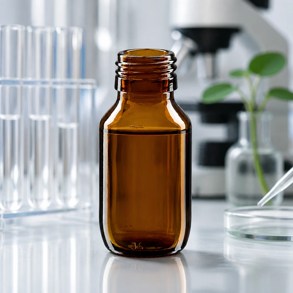 Mała butelka aptekarska 50 ml z bursztynowego szkła bez wieczka z gwintem PP28 do zastosowań laboratoryjnych