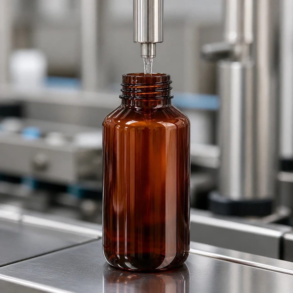 200ml PET Rundflasche bernsteinfarben mit Originalitätsverschluss in steriler Industrieproduktion