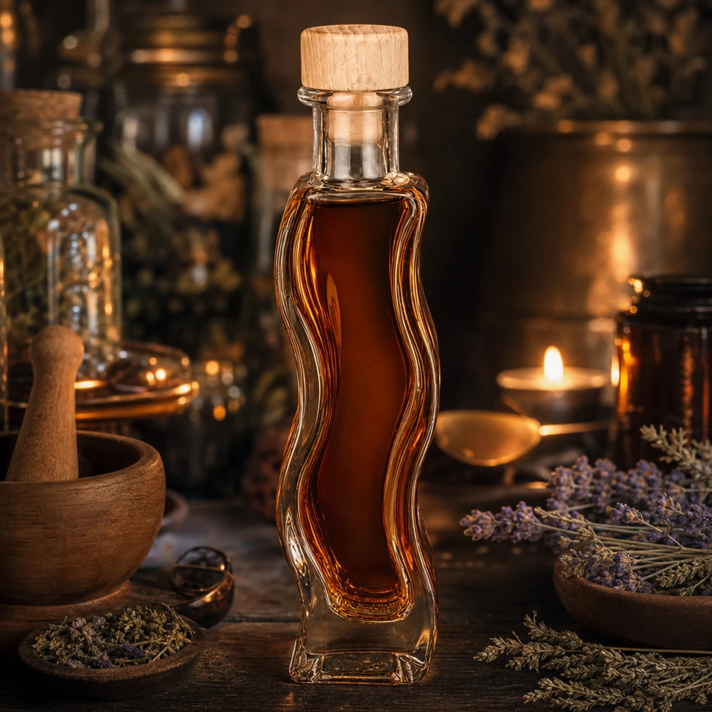 Szklana butelka Melissa 100 ml z drewnianym korkiem UNiTWIST® 100 ml szklana butelka Melissa z bursztynową zawartością drewniany korek rustykalny aptekarski klimat lawendowe światło świecy