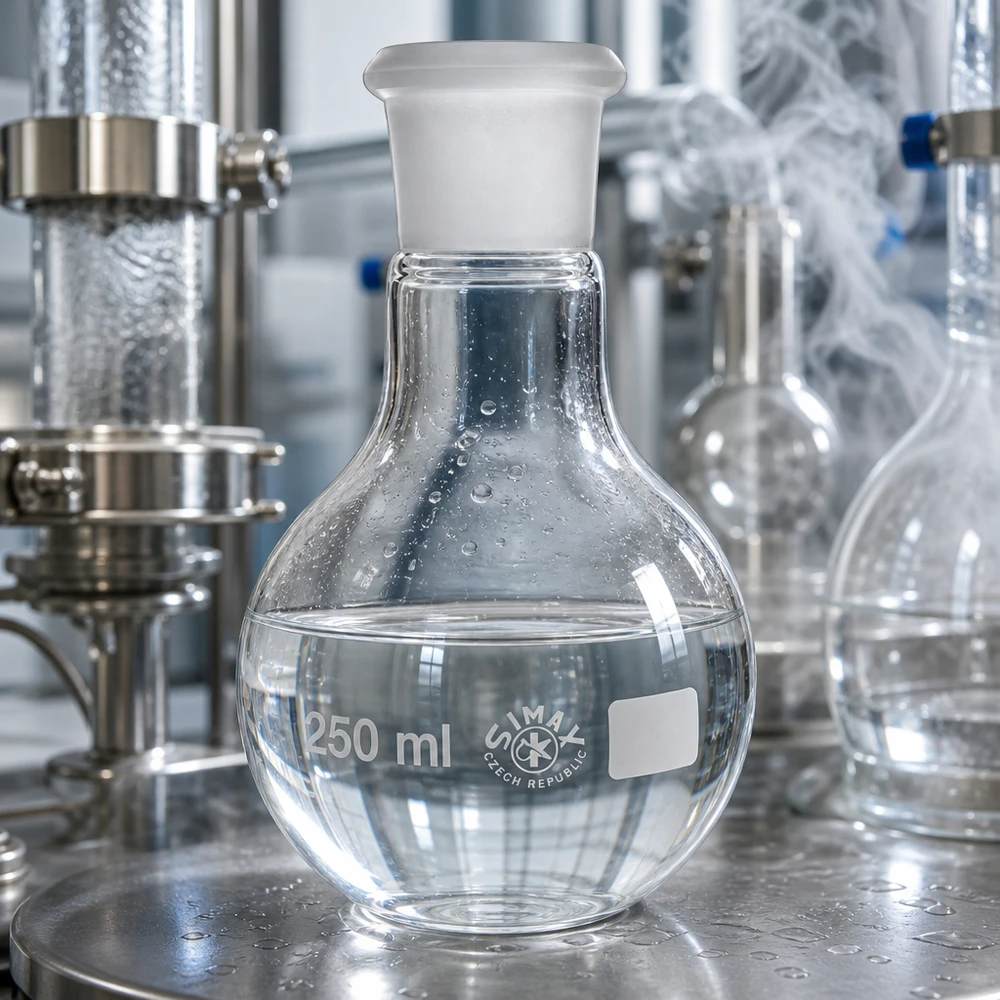 Tłok 250 ml ze standardowym złączem szlifowanym (29/32) Przezroczysta kolba 250 ml z korkiem z matowego szkła i standardowym szlifowanym złączem 29/32 do destylacji