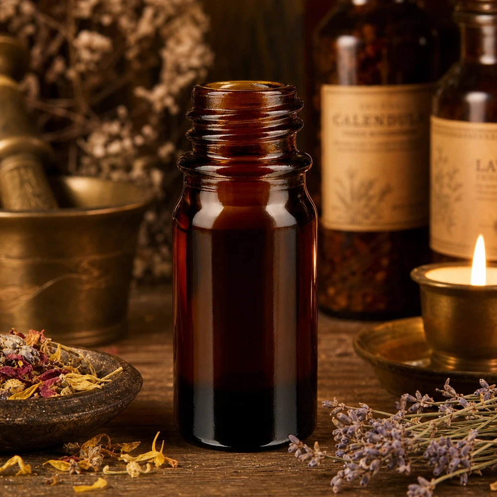 Butelka z zakraplaczem 5 ml DIN 18 wykonana z bursztynowego szkła 5 ml brązowa szklana butelka ApoGlas z moździerzem z ziół leczniczych i świecą w naturalnej atmosferze apteki