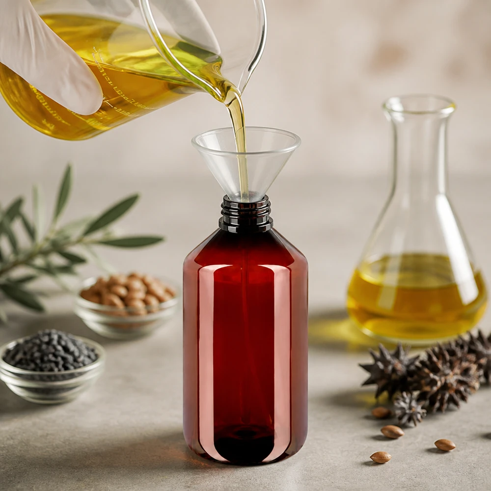 Butelka PET 500ml z atomizerem biała Abfüllprozess natürlicher Pflanzenöle in braune 500ml PET Flasche mit Zerstäuber