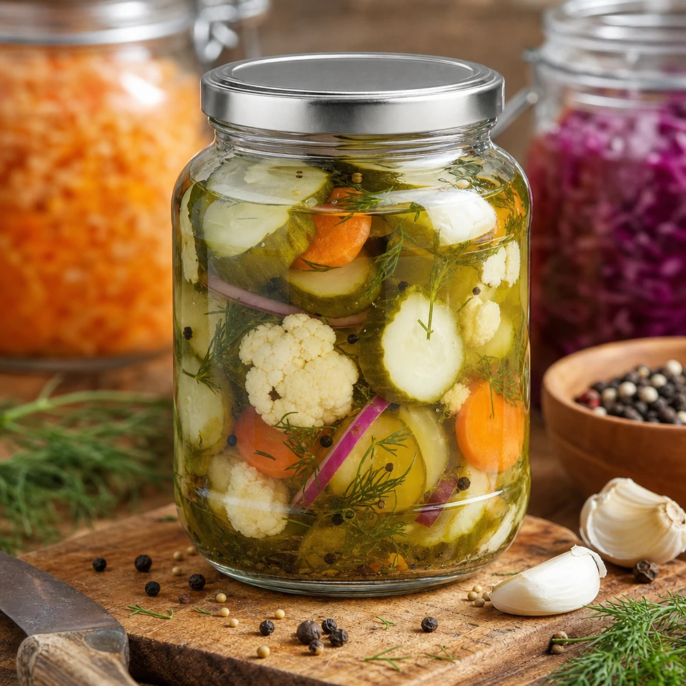 370 ml słoik owalny z pokrywką BasicSeal, srebrny UN.. 370 ml owalny słoik z pokrywką BasicSeal pełen sfermentowanych warzyw i ziół na drewnianej desce z przyprawami