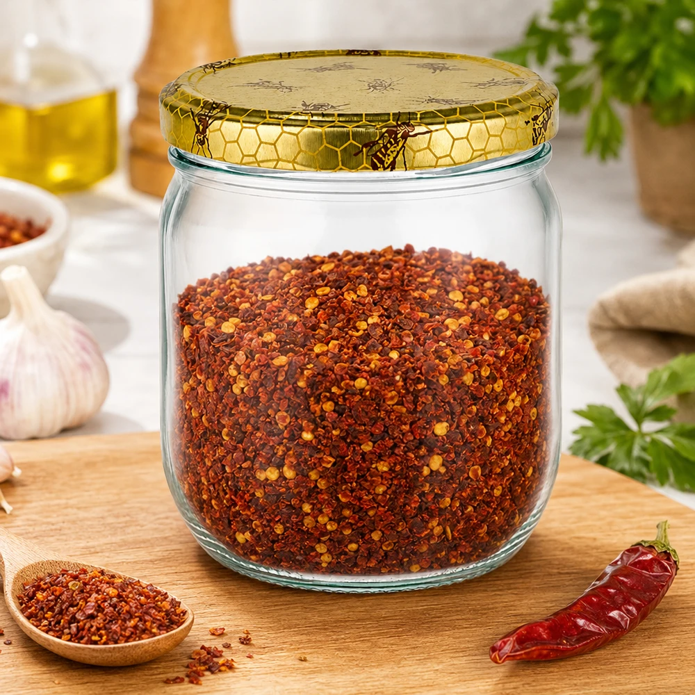 500 g słoik miodu z pokrywką w kształcie plastra miodu wypełniony mieszanką przypraw chili na drewnianej desce w kuchni