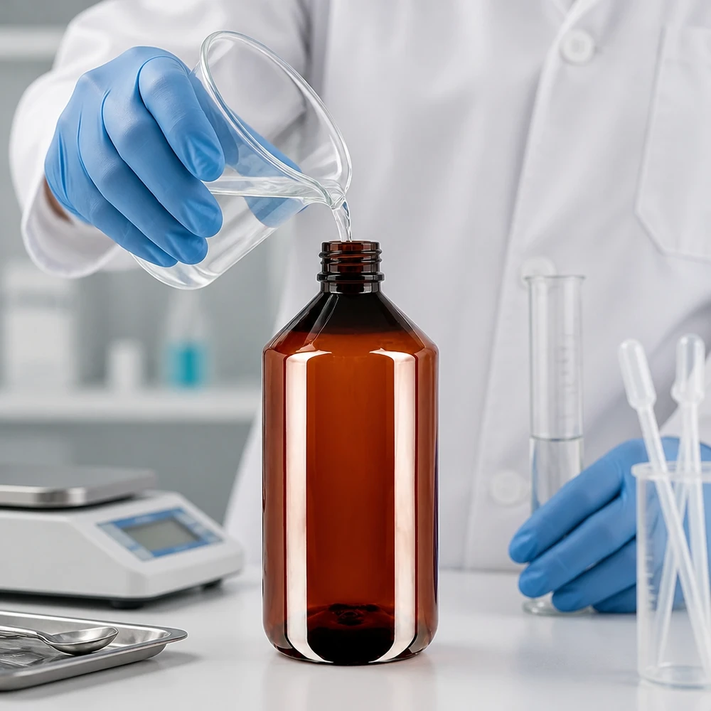 Butelka PET 750 ml z brązową nakrętką OV Laborant napełnia brązową butelkę PET o pojemności 750 ml, mając na rękach rękawiczki ochronne i trzymając szklaną miarkę