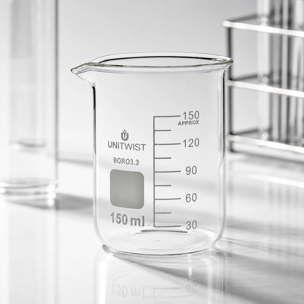 Zlewka 150 ml borokrzemianowa, niski kształt UNiTwist Szklanka UNiTwist o pojemności 150 ml, wykonana ze szkła borokrzemowego 3.3, o niskim profilu, pusta, na białym blacie laboratoryjnym