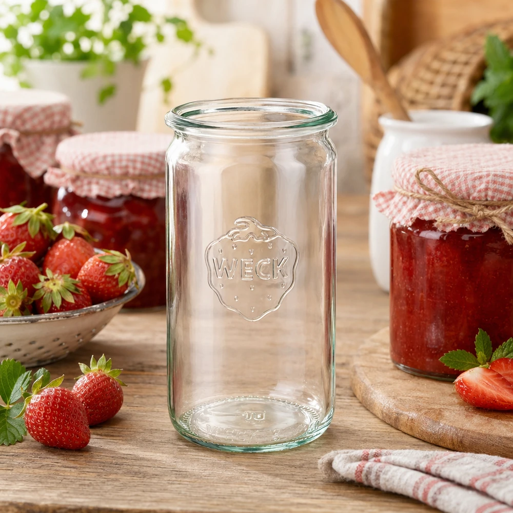 Szklany słoik cylindryczny WECK RR60 o pojemności 340 ml Słoik WECK 340ml RR60 w kuchennej scenerii z truskawkami i domową konfiturą na drewnianym stole