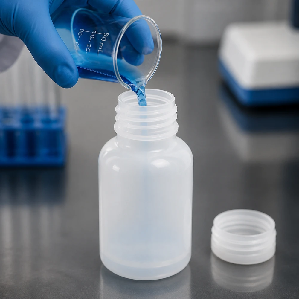 Laborant przelewa niebieski płyn ze szklanej miarki do butelki o szerokiej szyjce o pojemności 100 ml, mając na ręce niebieską rękawiczkę