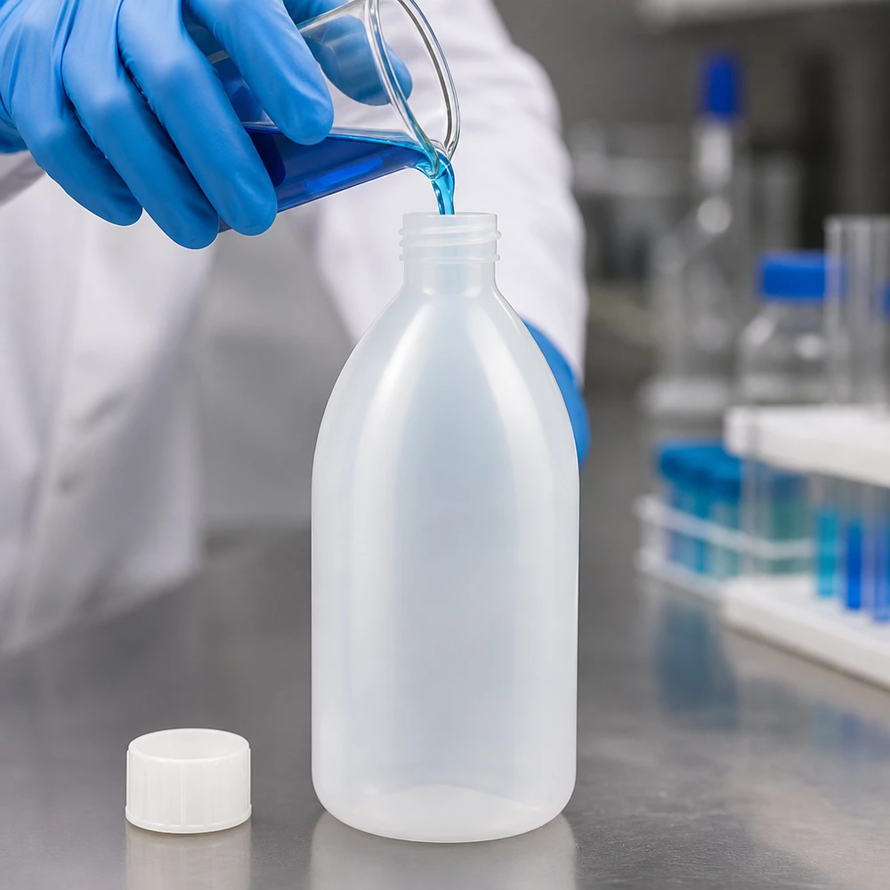 Butelka zakręcana 1000 ml, butelka laboratoryjna z wąską szyjką 1000ml Enghals Schraubflasche aus PE im Chemielabor neben Reagenzgläsern mit blauer Lösung