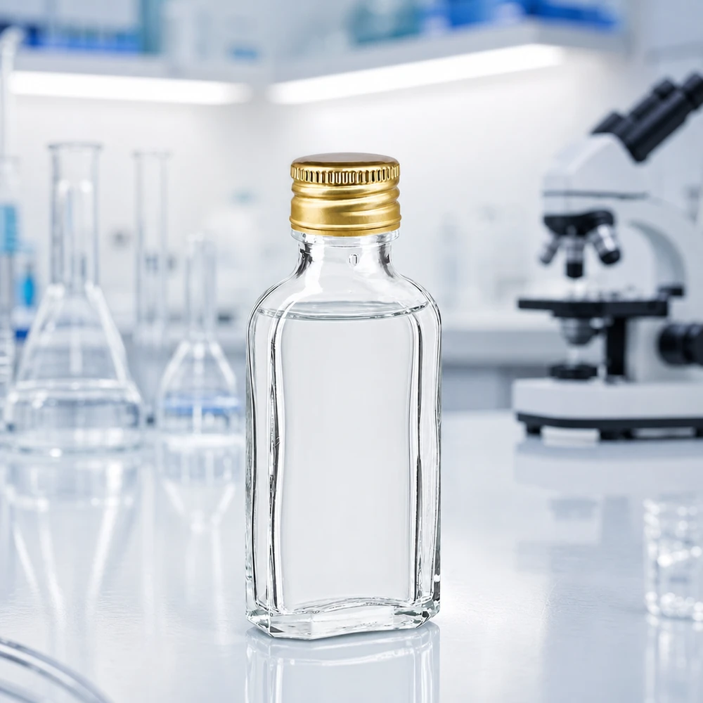 Przezroczysta szklana butelka o pojemności 50 ml, płaski kształt typu „Meplat”, ze złotym aluminiowym zakrętkiem PP22, przeznaczona do użytku laboratoryjnego