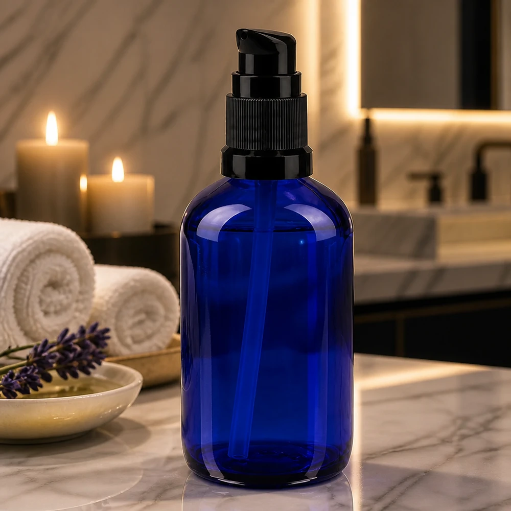 Elegancka butelka z pompką o pojemności 100 ml, wykonana z niebieskiego szkła aptecznego, z czarnym dozownikiem, stojąca na marmurze obok świec