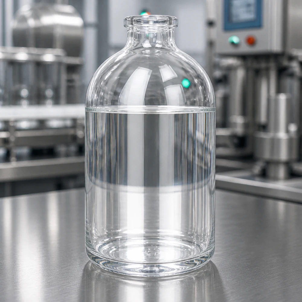Butelka iniekcyjna z przezroczystego szkła 100 ml Medizinische Klarglasflasche 100ml mit flachem Standboden vor industriellem Maschinenhintergrund