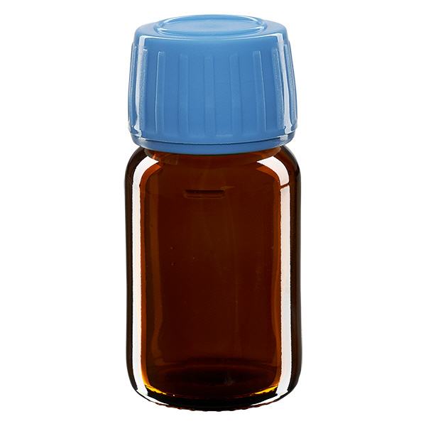 Butelka 30 ml brązowa, niebieska zakrętka z pierścieniem zabezpieczającym ApoGlas. Farmaceutyczna jakość produkcji UE. Gwint 28 mm (PP28). (syrop, butelka z lekkiego szkła) Butelka 30 ml brązowa, niebieska zakrętka z pierścieniem zabezpieczającym ApoGlas. Farmaceutyczna jakość produkcji UE. Gwint 28 mm (PP28). (syrop, butelka z lekkiego szkła)