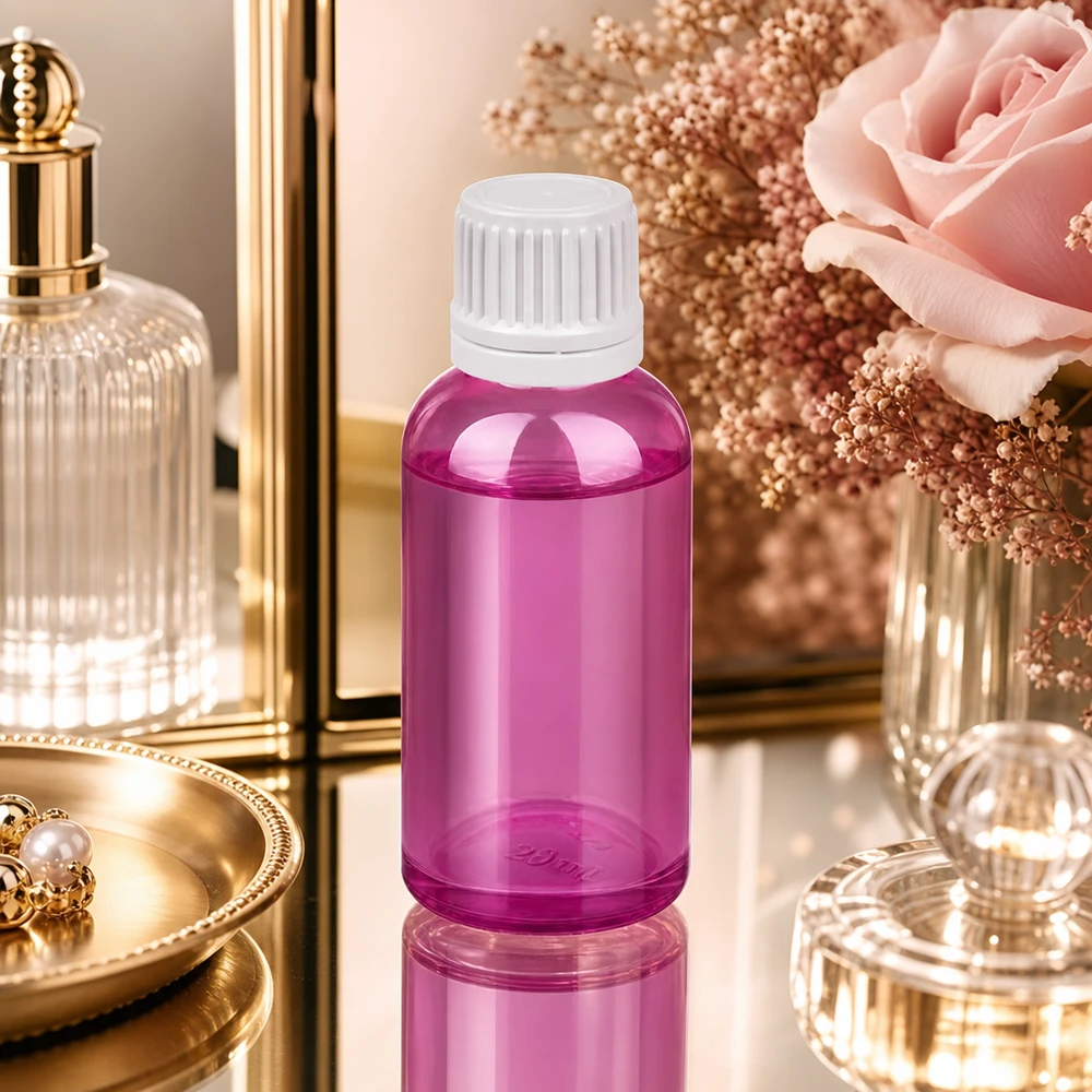 Butelka 30 ml z otworem 11 mm w kolorze fioletowym do precyzyjnego dozowania olejków pielęgnacyjnych i esencji.