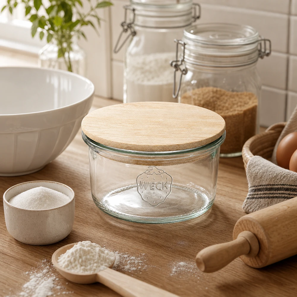 Kubki WECK RR80 o pojemności 165 ml z drewnianą pokrywką Słoik WECK RR80 165 ml z bambusową pokrywką w naturalnej scenerii kuchennej ze składnikami do pieczenia i drewnianymi przyborami.