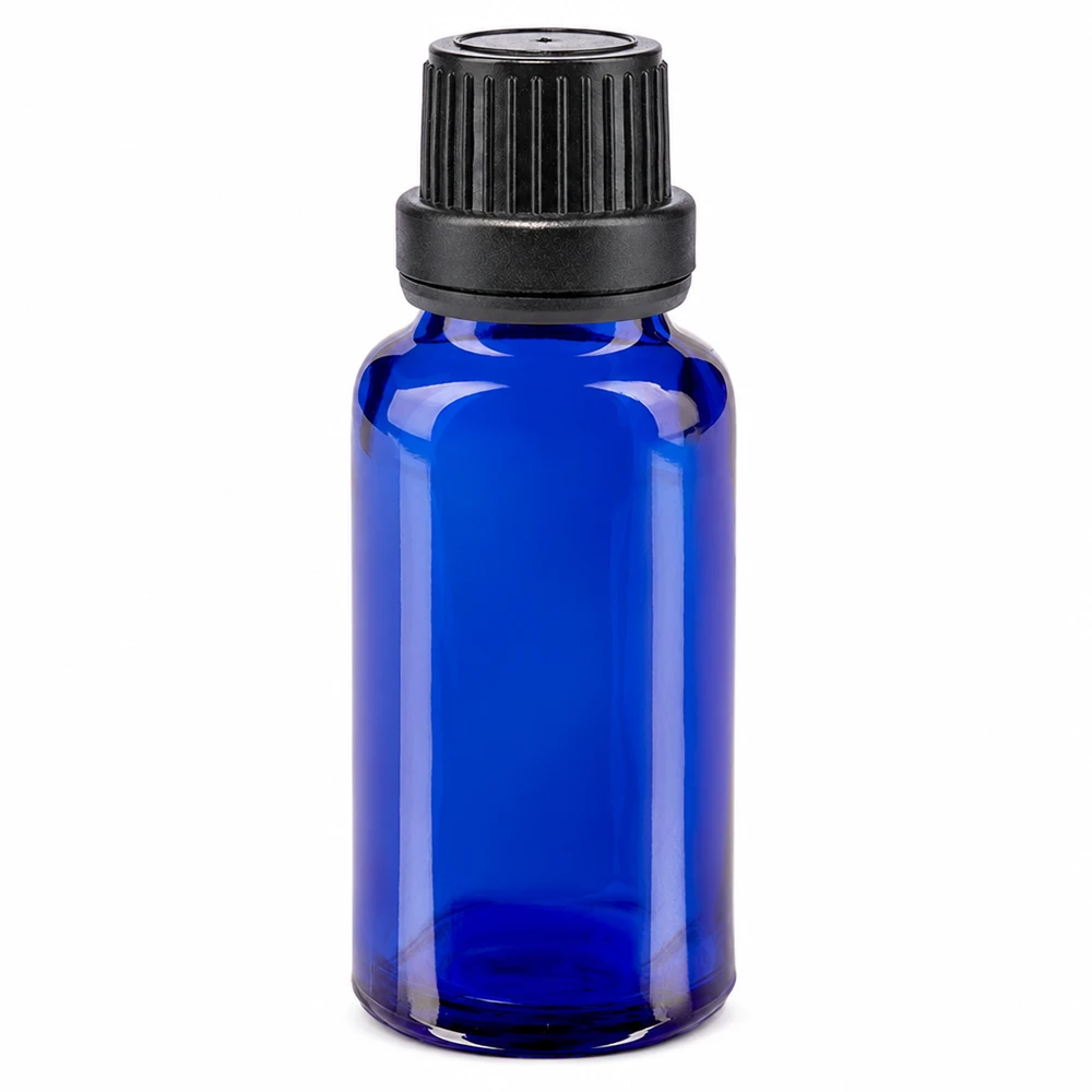 20 ml niebieska szklana buteleczka apteczna z czarnym zamknięciem zabezpieczającym przed otwarciem o średnicy 11 mm