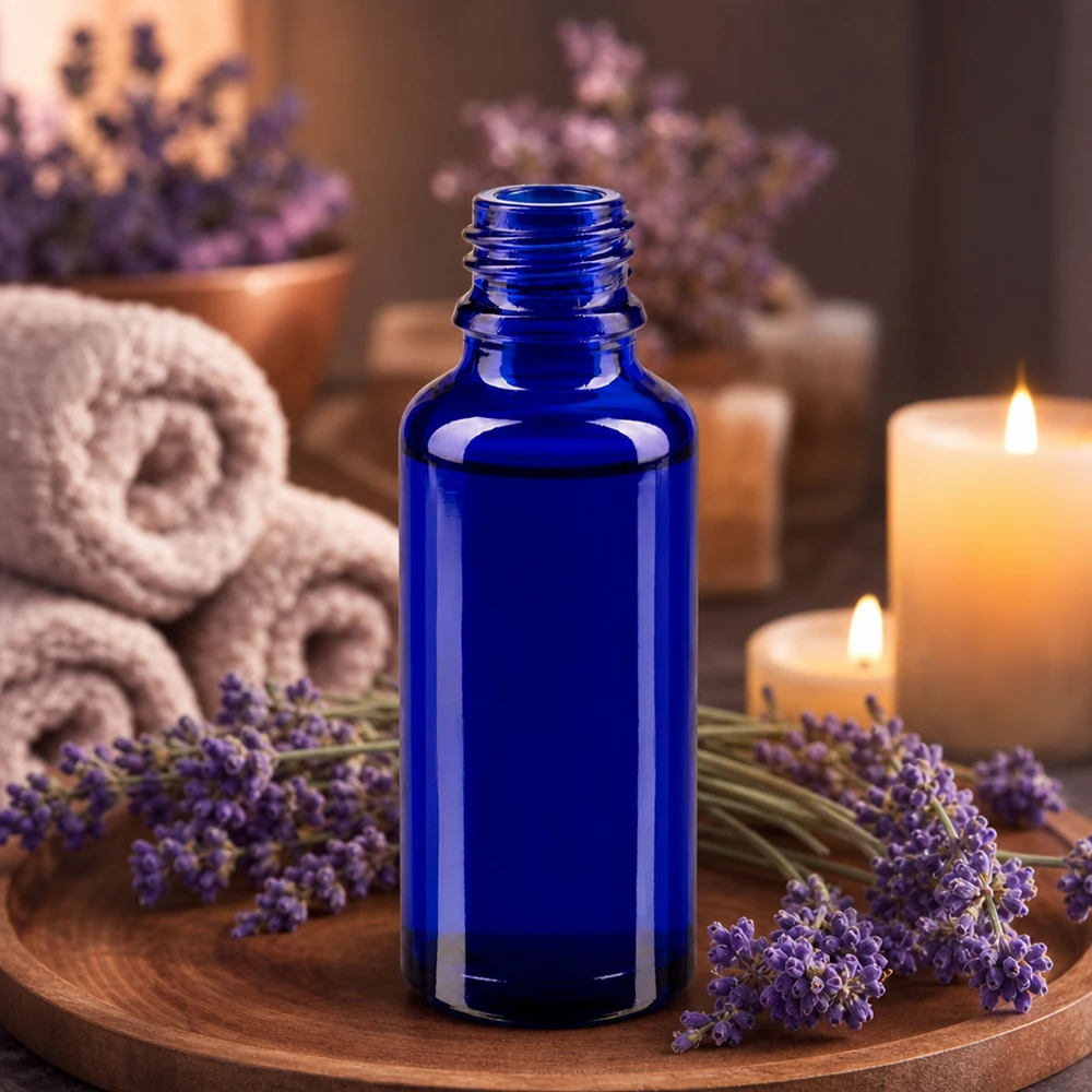 Butelka z zakraplaczem 30 ml DIN 18 NIEBIESKIE SZKŁO Mała buteleczka apteczna ApoGlas o pojemności 30 ml w intensywnym niebieskim kolorze obok świeżych kwiatów lawendy