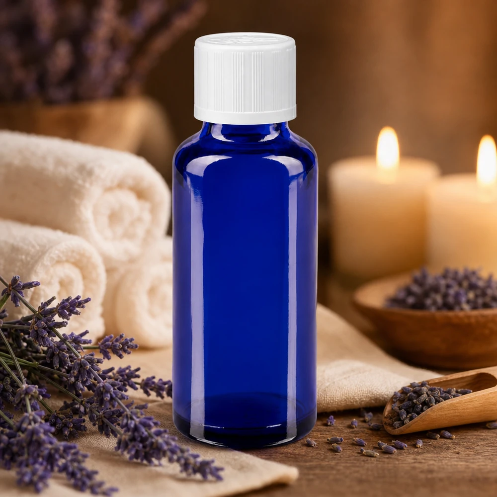 Niebieska szklana buteleczka o pojemności 30 ml z zakraplaczem, otoczona kwiatami lawendy i świecami do aromaterapii