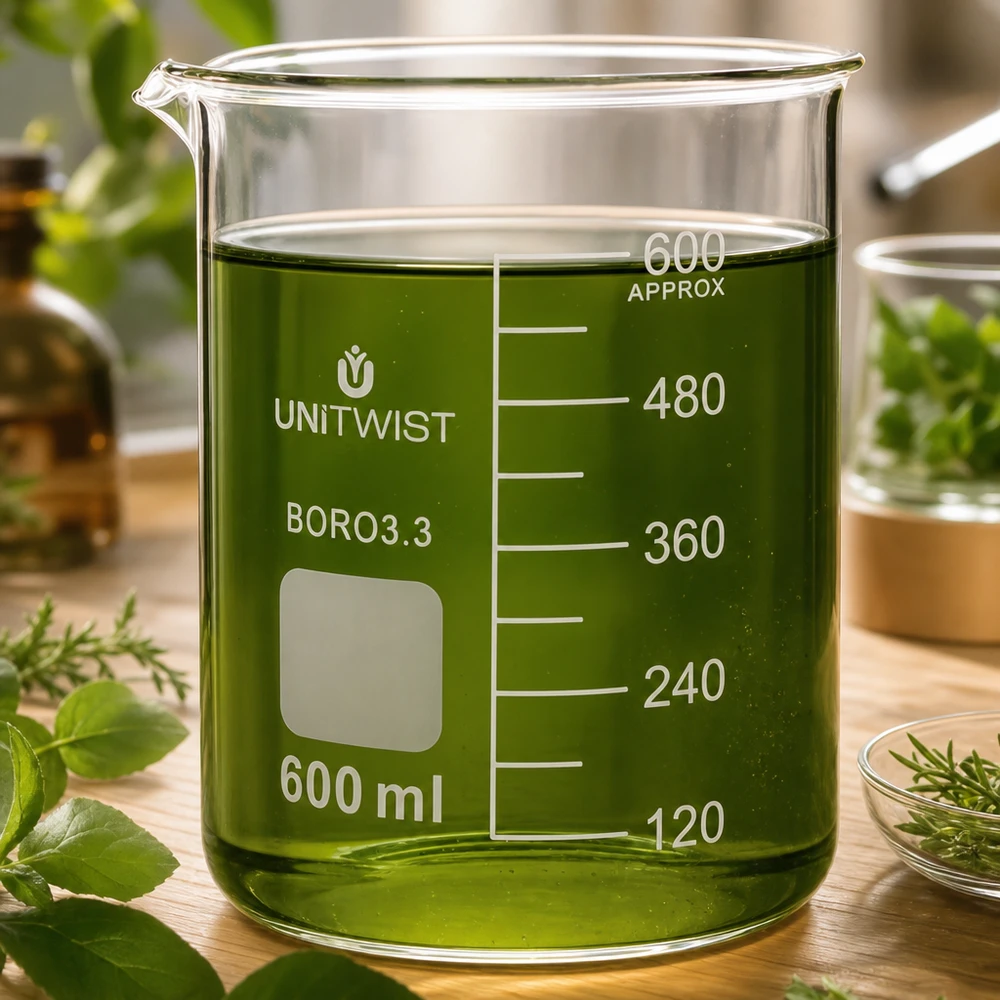 Szklanka UNiTWIST o pojemności 600 ml wypełniona zielonym płynem ziołowym, otoczona świeżymi ziołami
