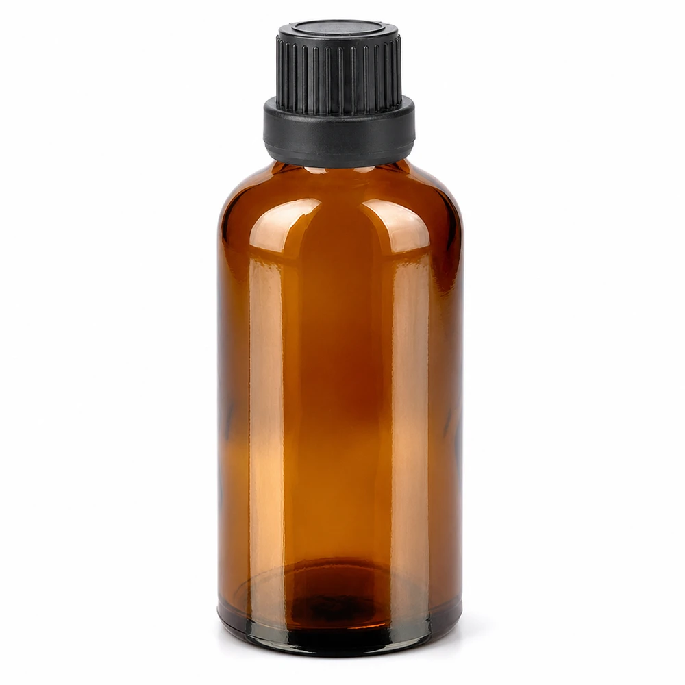 Butelka 50 ml 11 mm SV czarna OV BrownLine UT18/50 Butelka z bursztynowego szkła o pojemności 50 ml z czarną zakrętką do olejków eterycznych i kosmetyków