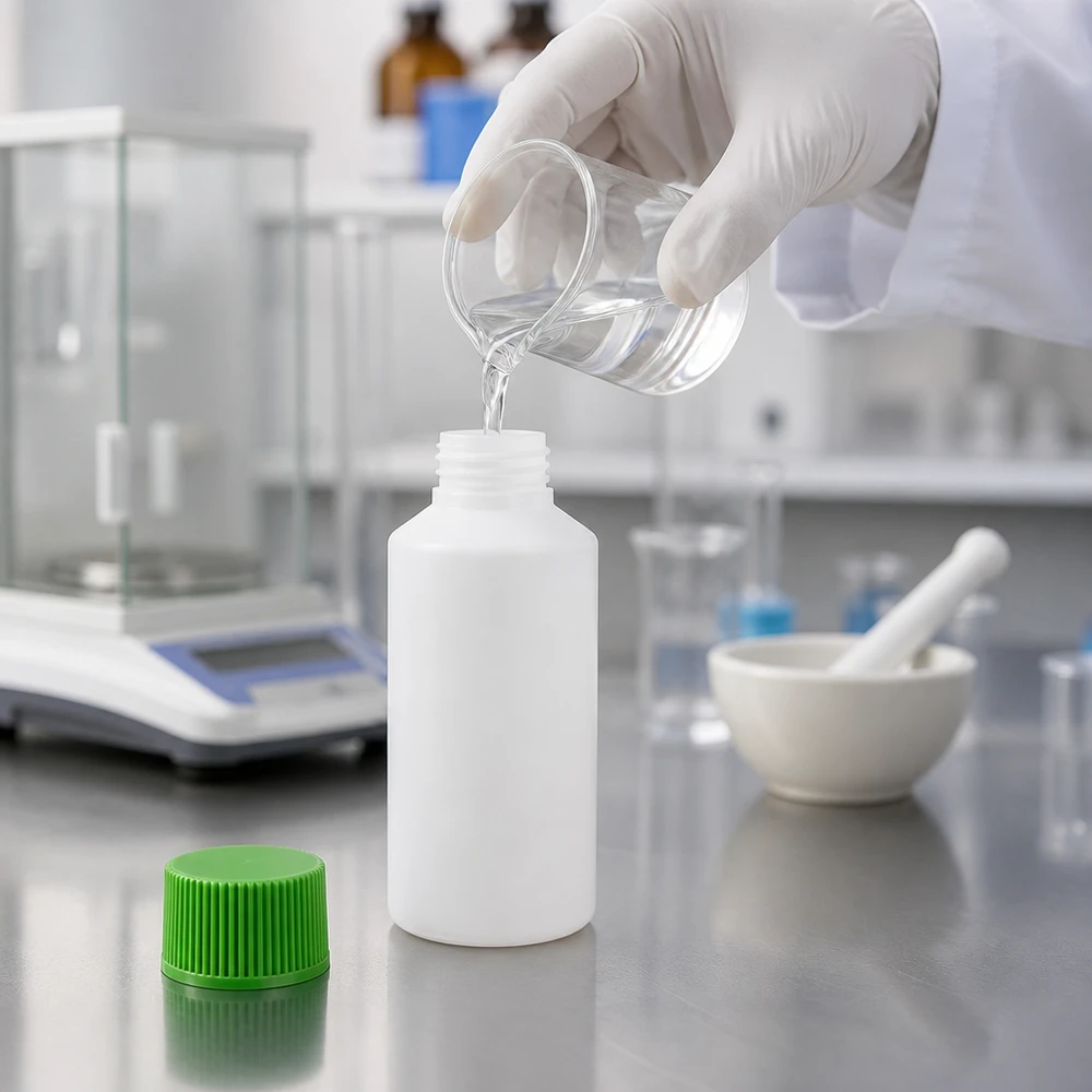 Biała butelka z tworzywa sztucznego o pojemności 50 ml z zielonym znakiem SV podczas napełniania w laboratorium farmaceutycznym