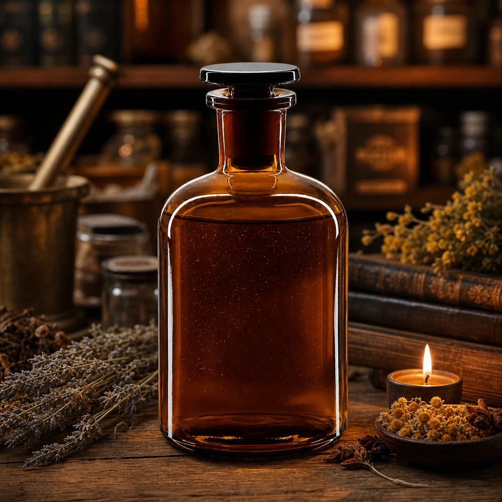 Brązowa butelka apteczna o pojemności 250 ml, z wąską szyjką i szklanym korkiem, przeznaczona do nalewek ziołowych i olejków