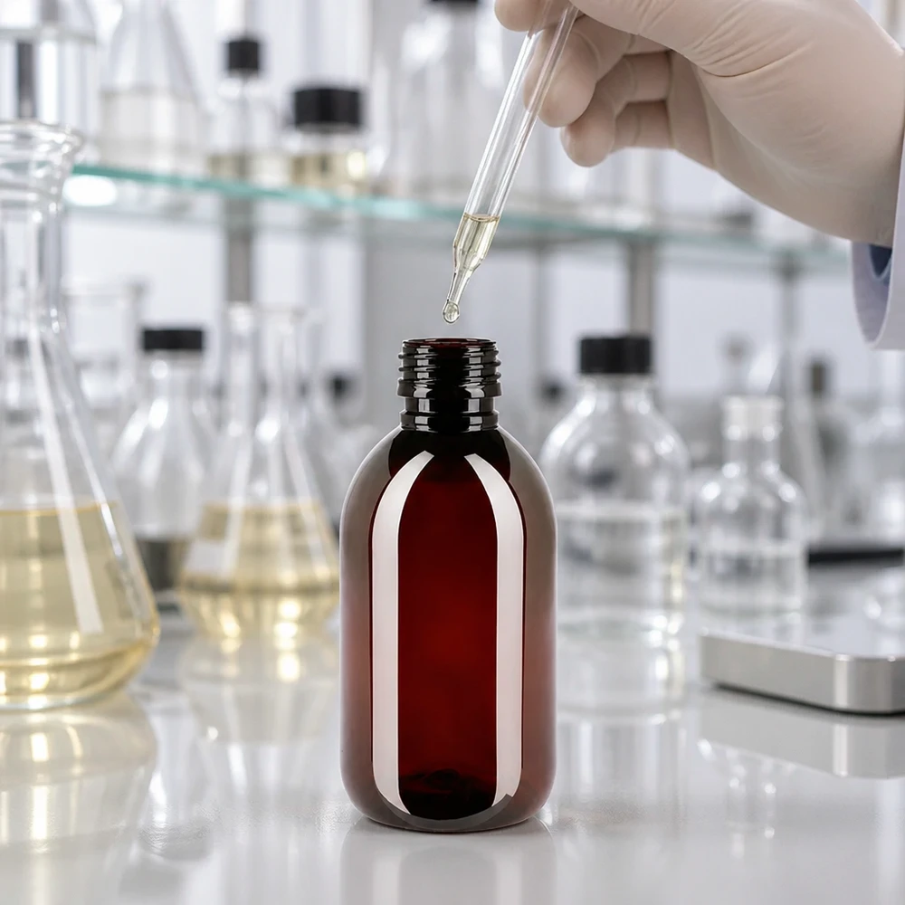 Butelka PET w kolorze bursztynowym, 250 ml, gwint PP28, chroniąca przed światłem, idealna do wrażliwych płynów i ekstraktów
