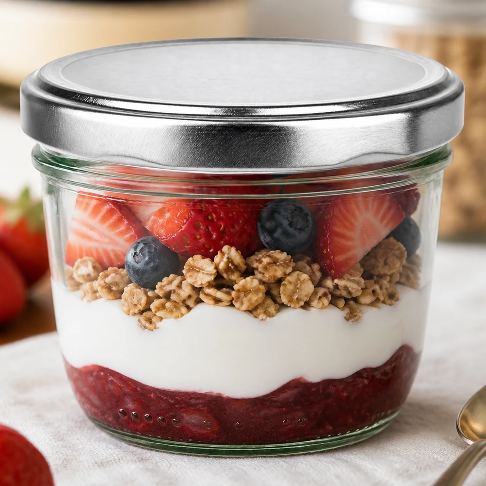 Słoik 230 ml z pokrywką BasicSeal w kolorze srebrnym UN.. 230ml Sturzglas mit silber BasicSeal Deckel gefüllt mit Joghurt Beeren Nüssen als Dessert im Glas Anwendungsbeispiel