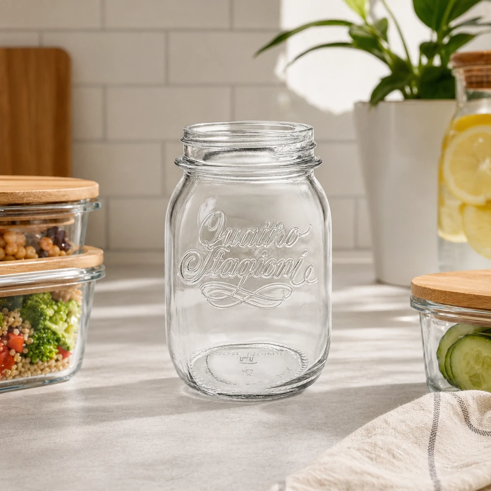 Szklanka do użytku domowego 500 ml "Quattro Stagioni" Słoik do użytku domowego Quattro Stagioni 500 ml bez pokrywki na blacie kuchennym z innymi słoikami w tle