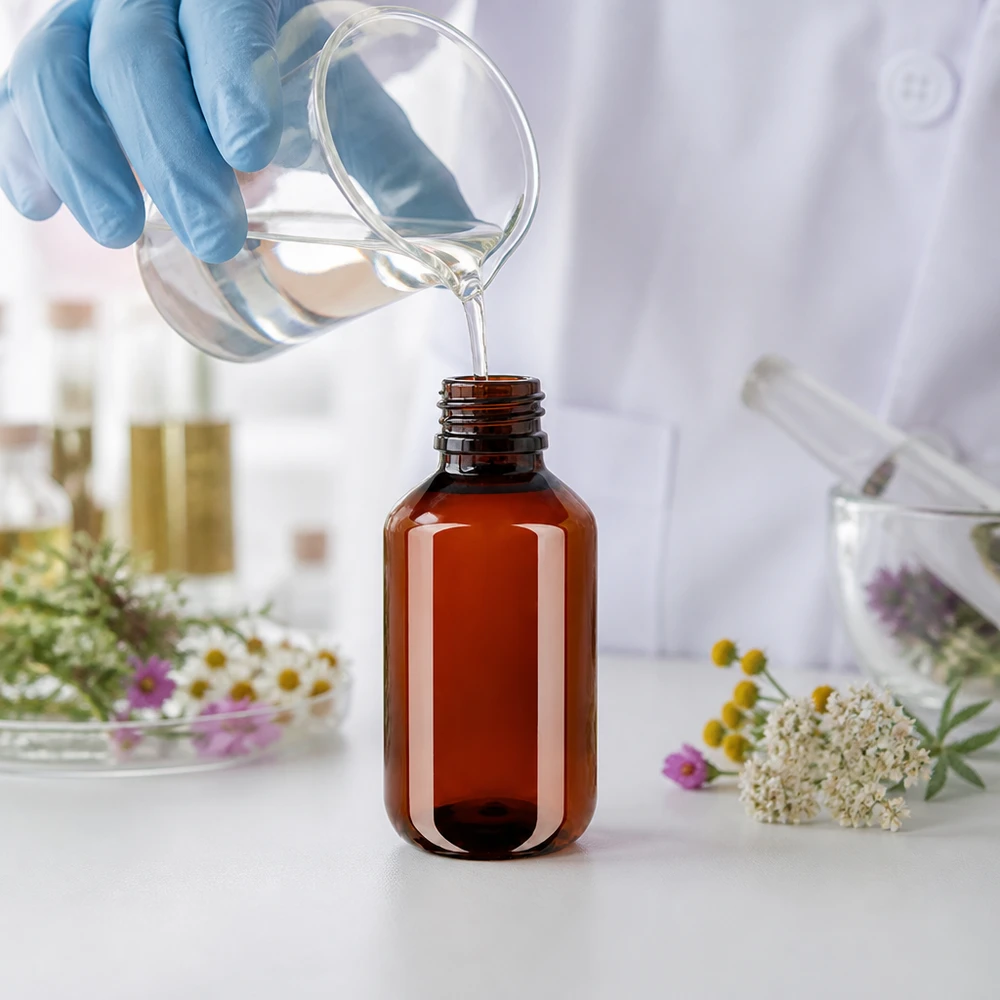 Butelka PET 100ml z nakrętką odgazowującą czerwona Farmaceuta napełnia przezroczystą ciecz do butelki PET o pojemności 100 ml z czerwonym korkiem odgazowującym
