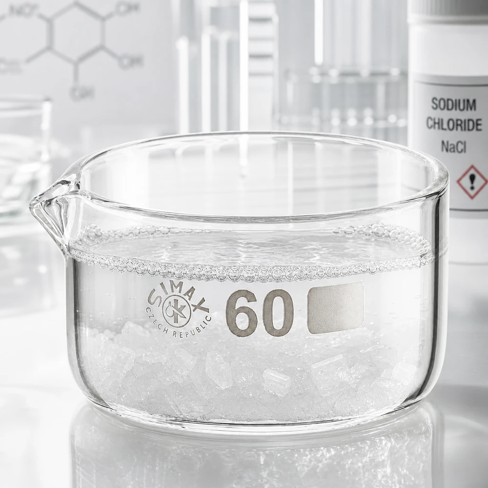 Miska krystalizacyjna 60 ml z kryształkami chlorku sodu – szklana miska laboratoryjna o płaskim kształcie z wylewką