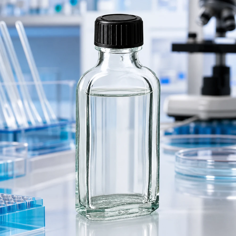 Przezroczysta butelka Meplat o pojemności 50 ml z podkładką uszczelniającą LKD w profesjonalnym środowisku laboratoryjnym