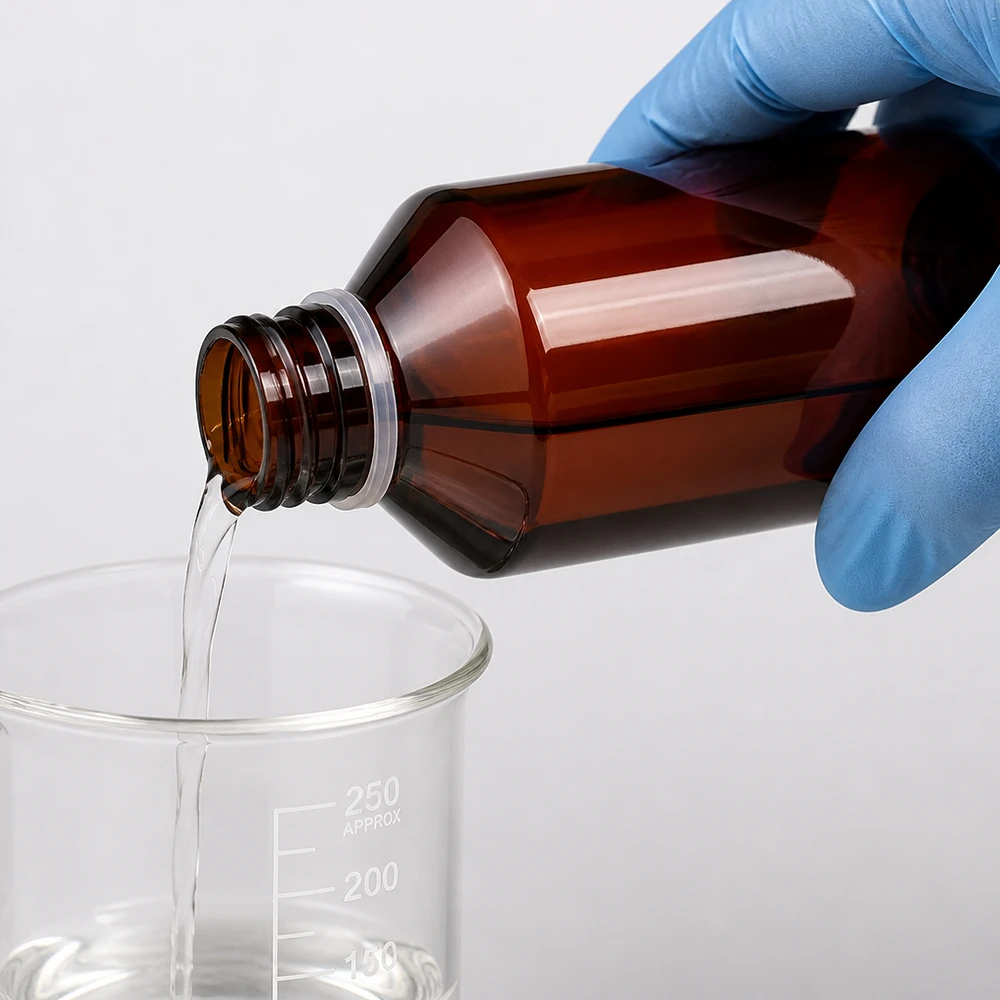 Butelka PET 750ml z białą nakrętką OV + kubek Ręka w rękawiczce przelewa przezroczysty płyn z brązowej butelki PET do szklanej miarki o pojemności 250 ml