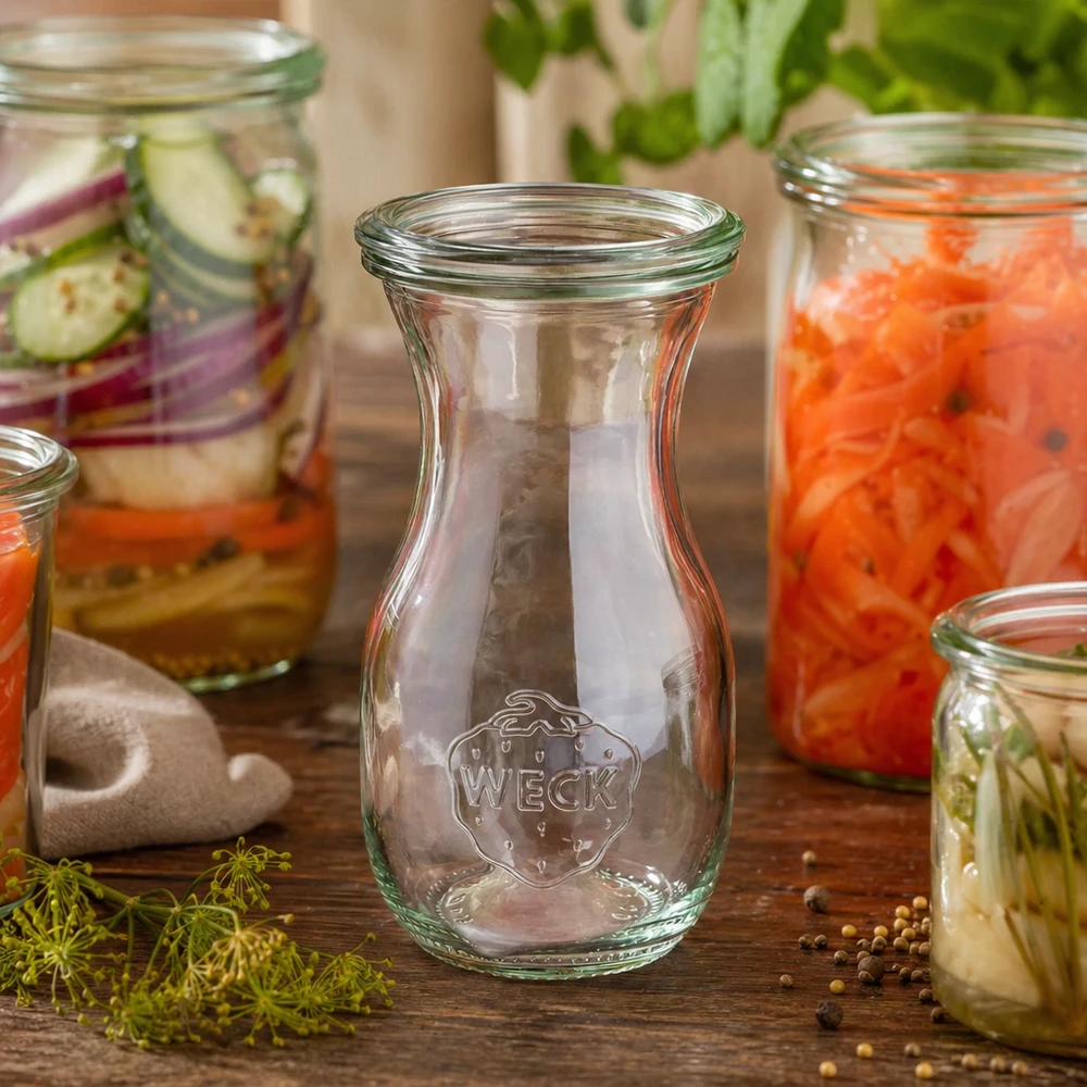 Butelka na sok o pojemności 290 ml z szklaną pokrywką WECK RR60 Butelka na sok WECK 290ml RR60 pusta w atmosferze wypełnionych słoików z przetworami i świeżymi ziołami na drewnianym stole