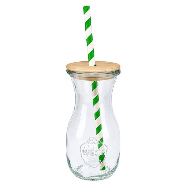6 x butelka na sok WECK 290 ml RR60 z drewnianą pokrywką i 100 ekologicznymi Butelka na sok WECK 290 ml z naturalną drewnianą pokrywką i zielono-białą ekologiczną słomką do picia z jednego widoku