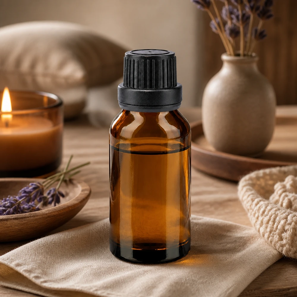 Butelka apteczna brązowa 30ml zakrętka czarna szczelna OV Brązowa szklana butelka o pojemności 30 ml z czarną zakrętką, umieszczona na płótnie lnianym obok kwiatów lawendy