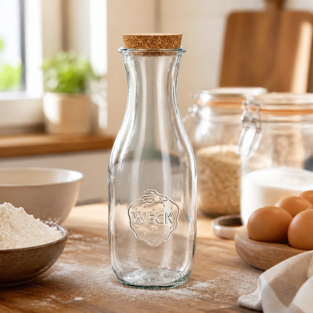 Butelka na sok 1062ml WECK RR60 z korkiem naturalna Szklana butelka WECK 1062ml RR60 z korkiem na drewnianym blacie pomiędzy składnikami do pieczenia, takimi jak mąka i jajka w jasnej kuchni