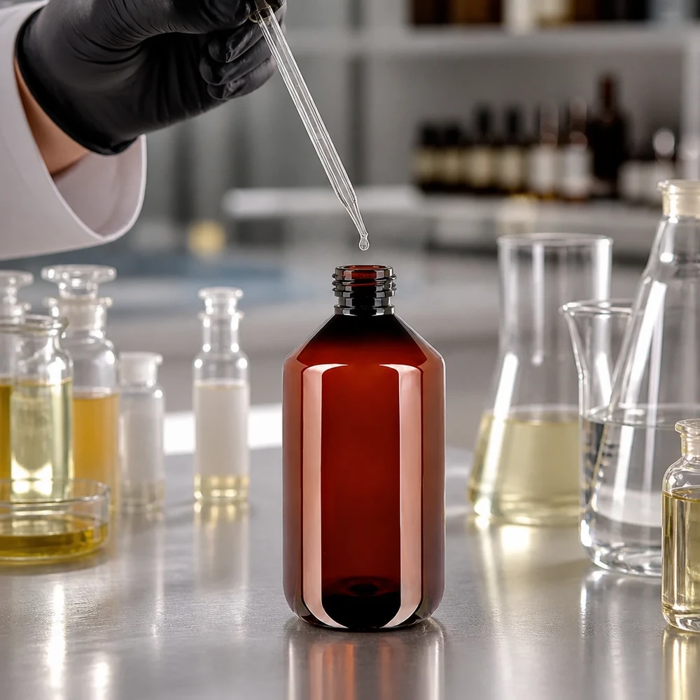 Butelka PET 500 ml z brązową nakrętką Standard Chemielabor mit brauner 500ml PET Flasche umgeben von Erlenmeyerkolben und Reagenzgläsern