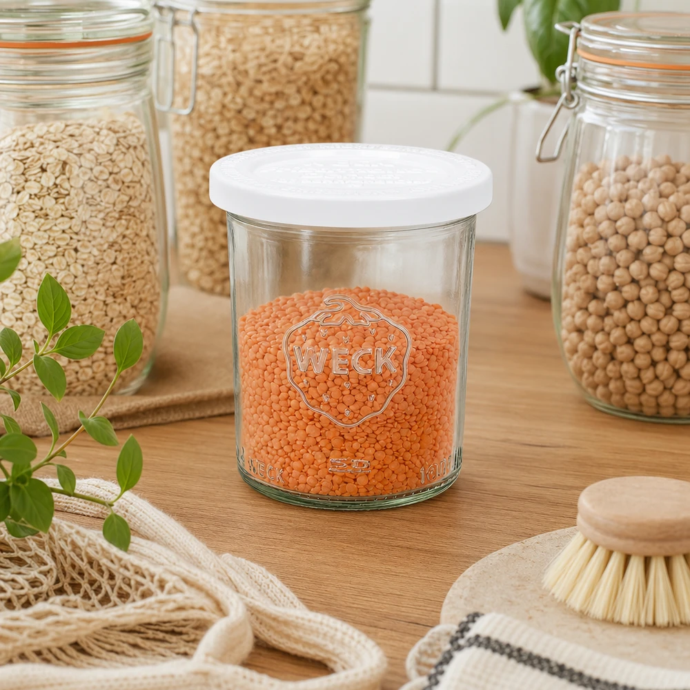 Kubki WECK 160 ml RR60 wypełnione czerwoną soczewicą w zrównoważonej kuchni ze słoikami do przechowywania i drewnianymi naczyniami