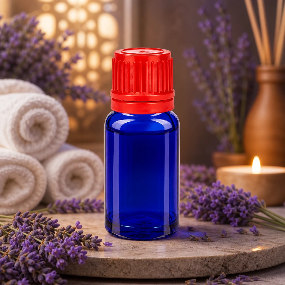 Butelka 10 ml 11 mm SV czerwony OV BlueLine UT18/10 Mała 10 ml butelka do aromaterapii w kolorze niebieskim z czerwonym kapturkiem na olejek lawendowy i wellness