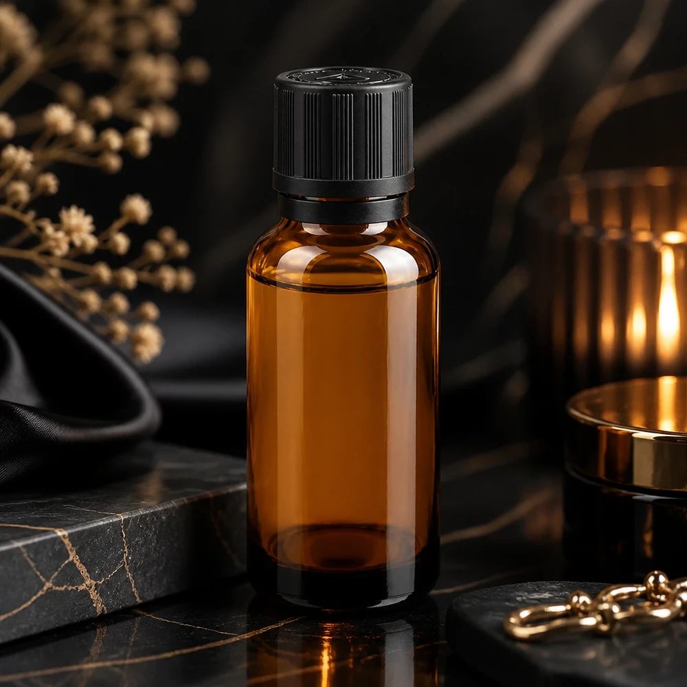Butelka apteczna z brązowego szkła o pojemności 20 ml z kroplomierzem 1 mm na czarnym marmurze w eleganckiej oprawie